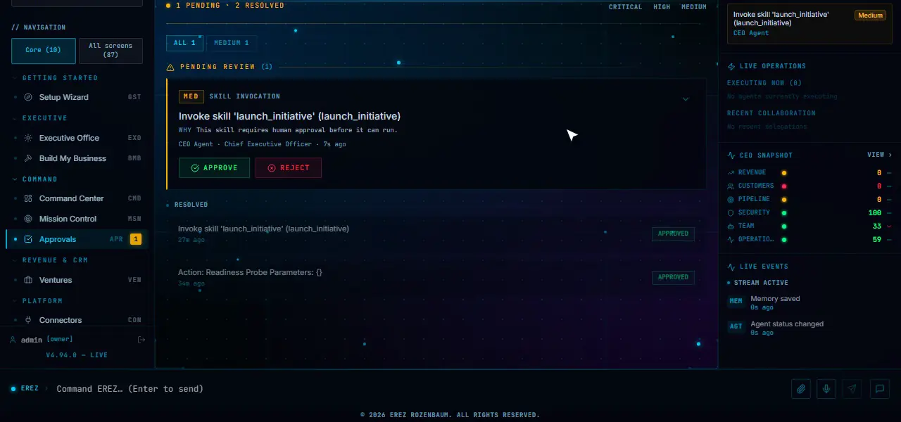 Approval Center: a medium-risk skill invocation waiting with Approve and Reject buttons, then cleared after approval.